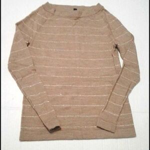 Banana Republic Tan & Gold Striped Fitted Merino Wool Blend Long Sleeve Sweater